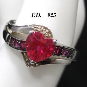 Vintage Red Sapphire Heart Ring, Sterling Silver 925, Size 7, FD Signed